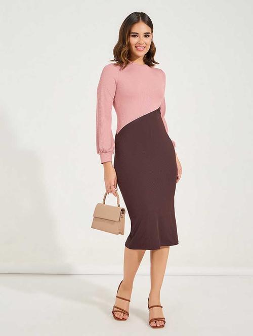 women color blocked puff sleeves bodycon dress - 21666370 -  Standard Image - 0