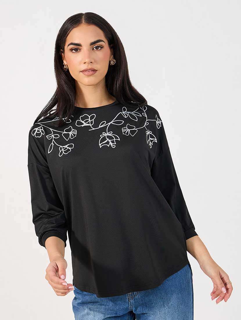 women printed round neck a-line top