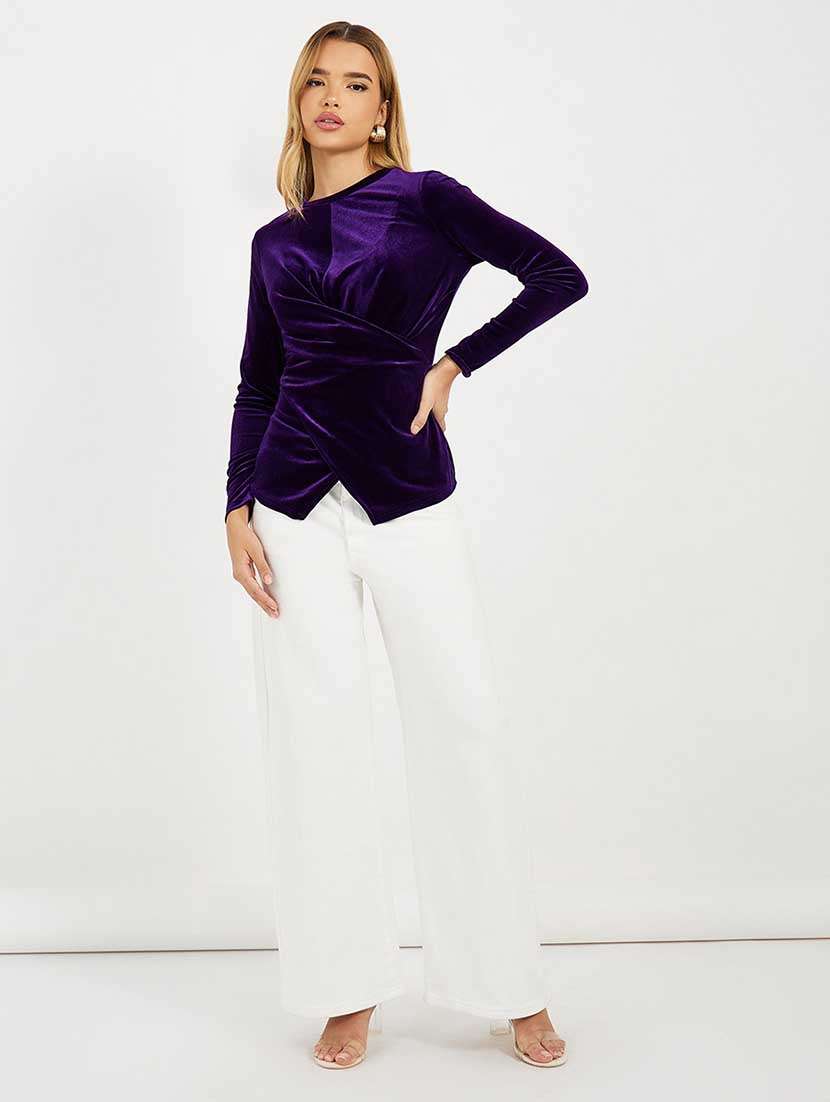 women solid long sleeves mock wrap top - 21666387 - Standard Image - 2