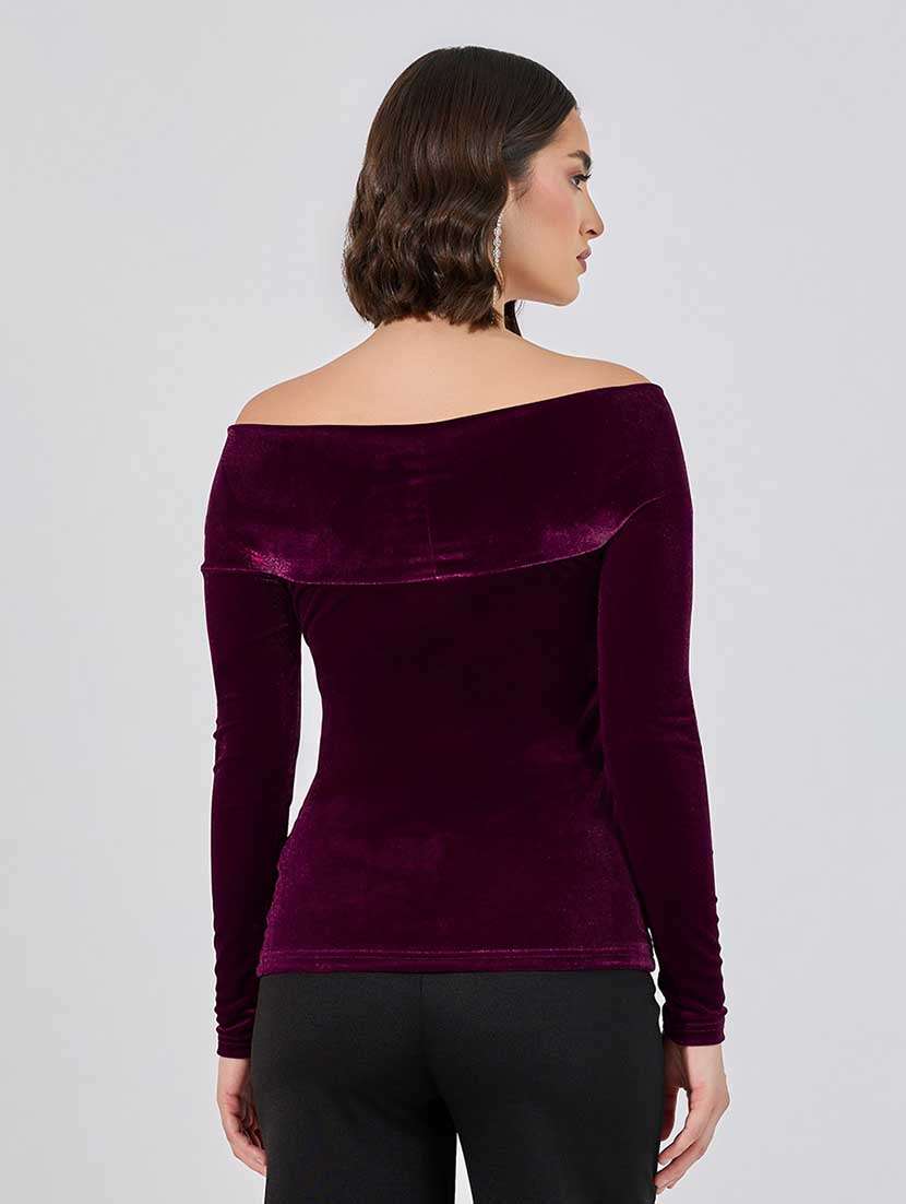 women solid off shoulder long sleeves top - 21666388 -  Standard Image - 2