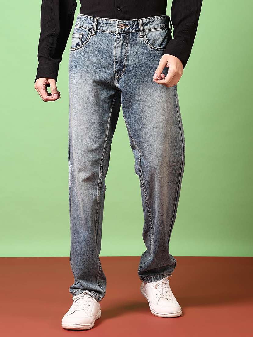 men blue washed mid rise denim jean