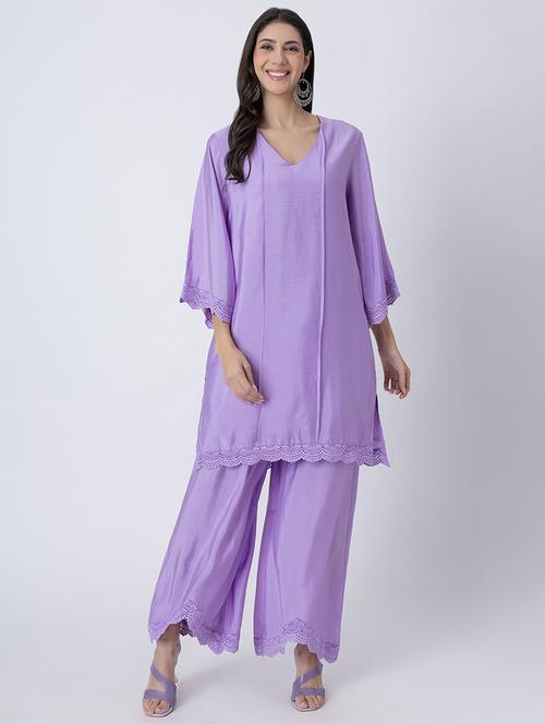 women lavender solid v neck straight kurta - 21666940 - Standard Image - 0