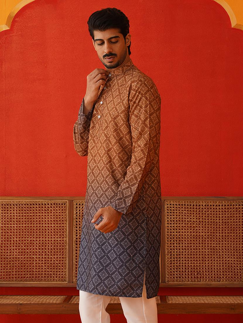 men mandarin neck printed long kurta - 21667088 - Standard Image - 2