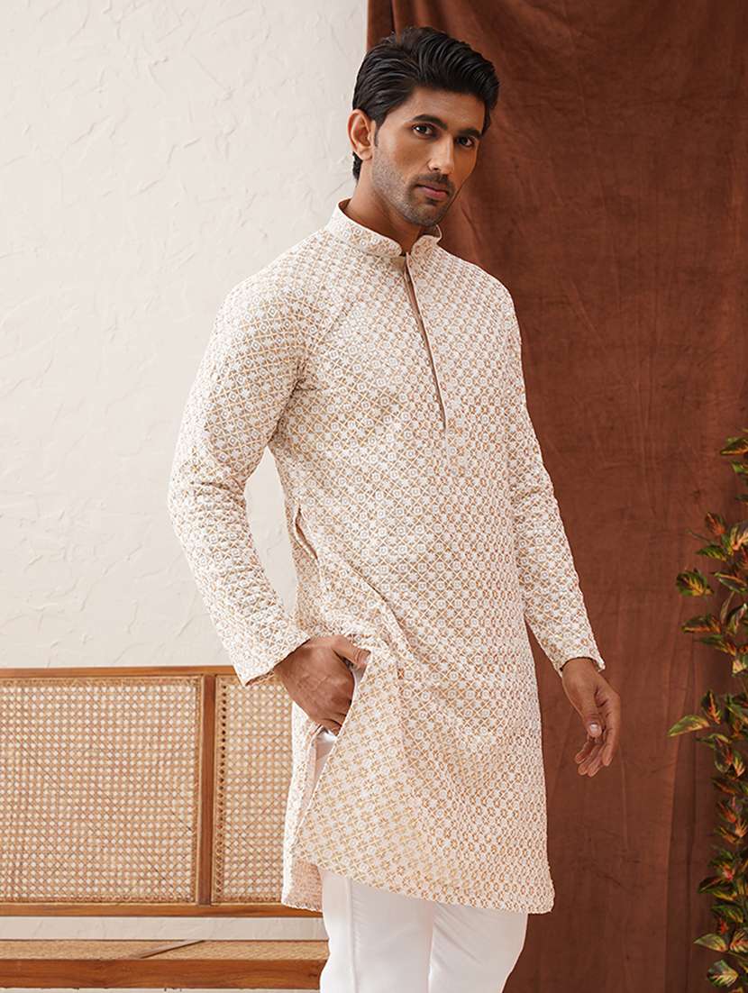 men mandarin neck embroidered long kurta