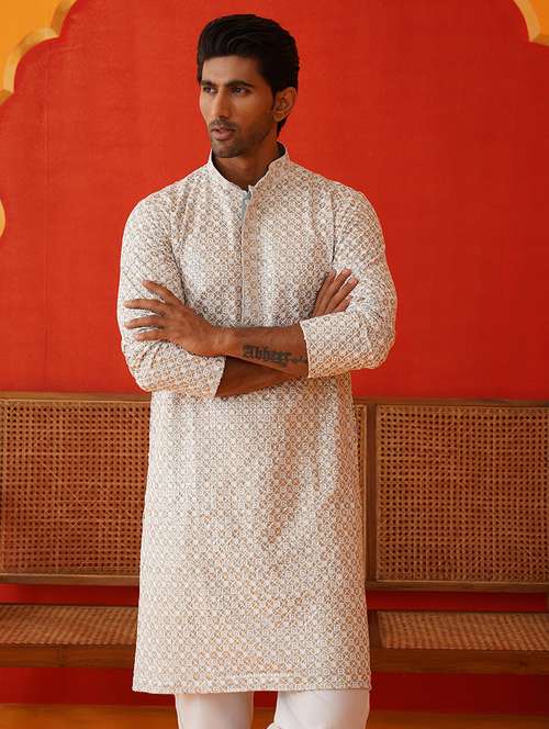 men mandarin neck embroidered long kurta - 21667094 -  Standard Image - 0