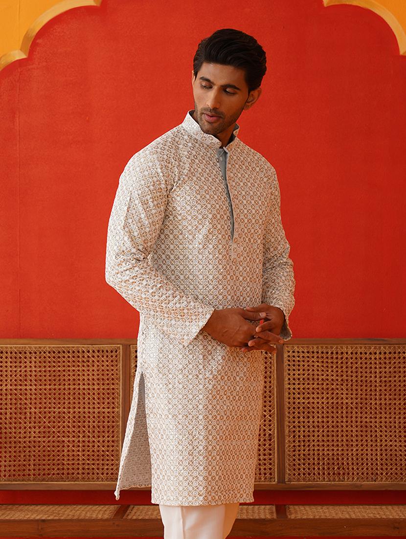 men mandarin neck embroidered long kurta - 21667094 - Standard Image - 2