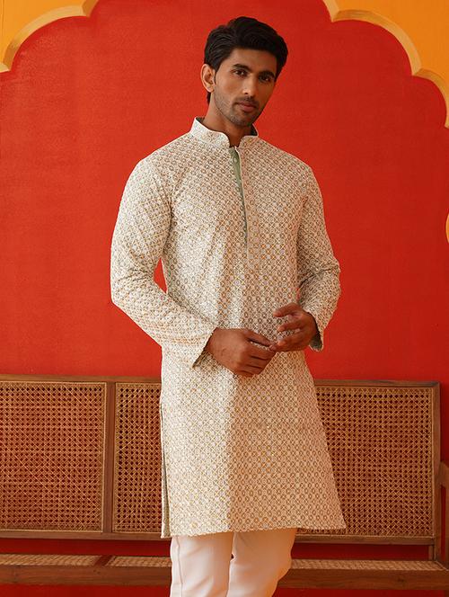 men mandarin neck embroidered long kurta - 21667096 - Standard Image - 0