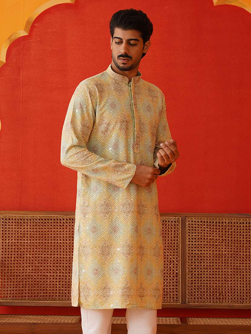 men mandarin neck embroidered long kurta