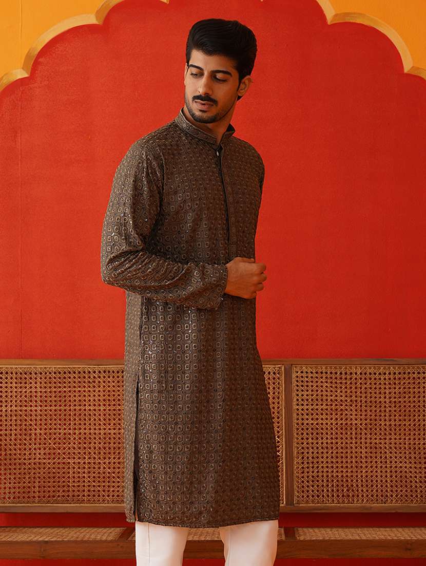 men mandarin neck embroidered long kurta - 21667105 -  Standard Image - 2