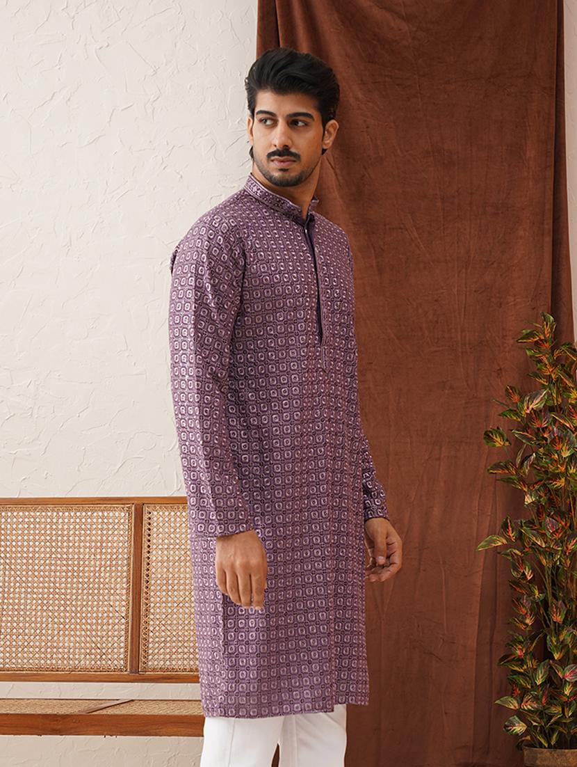 men mandarin neck embroidered long kurta - 21667107 - Standard Image - 2