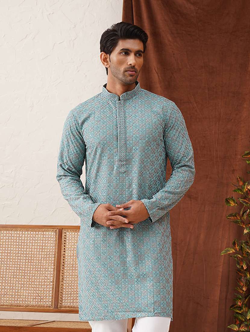 men mandarin neck embroidered long kurta