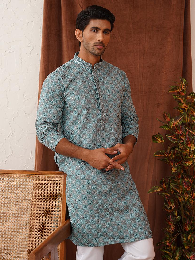 men mandarin neck embroidered long kurta - 21667111 - Standard Image - 2