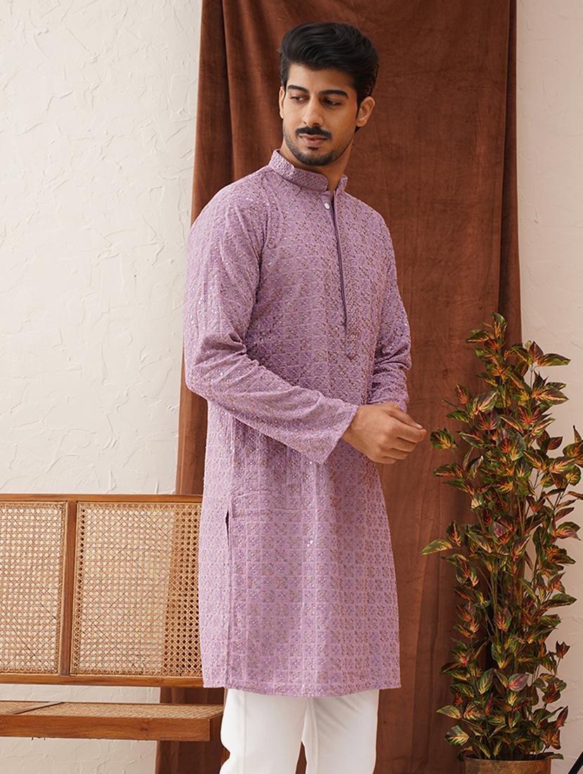 men mandarin neck embroidered long kurta - 21667112 - Standard Image - 2