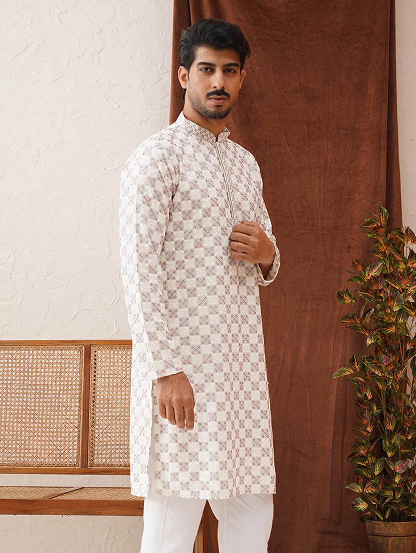 men mandarin neck embroidered long kurta - 21667113 - Standard Image - 2
