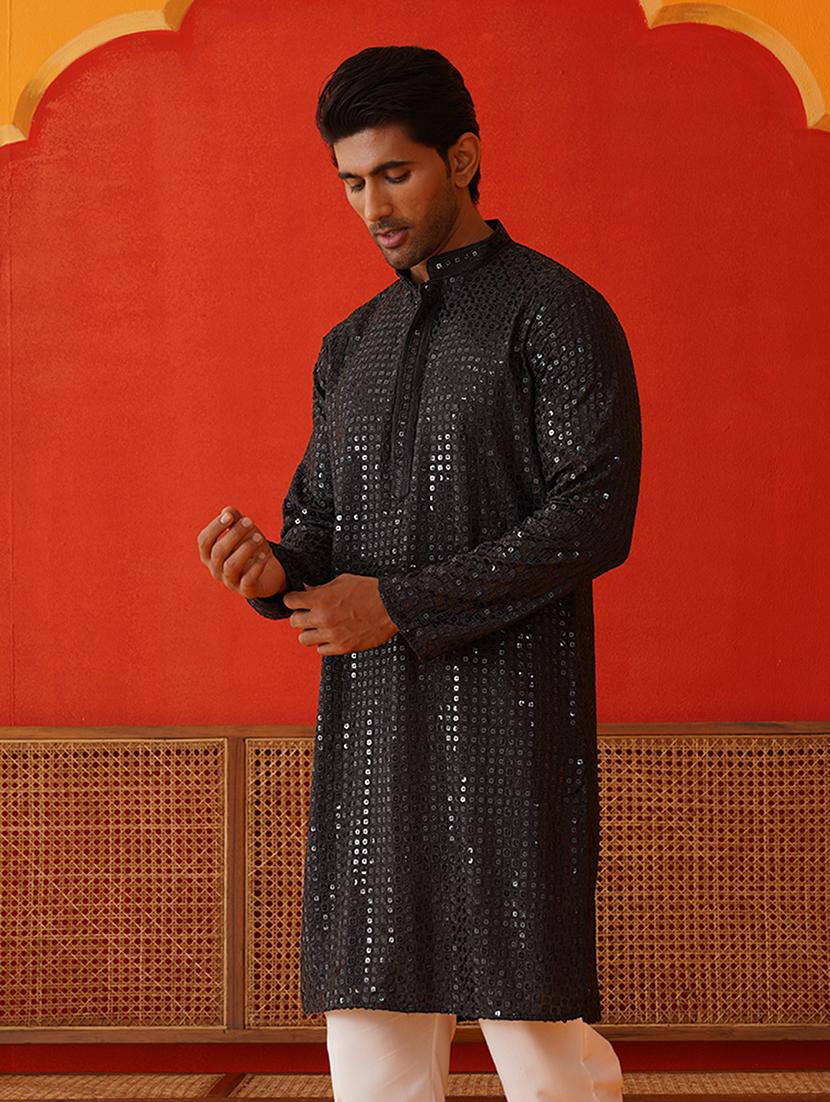 men mandarin neck sequined long kurta - 21667114 - Standard Image - 2