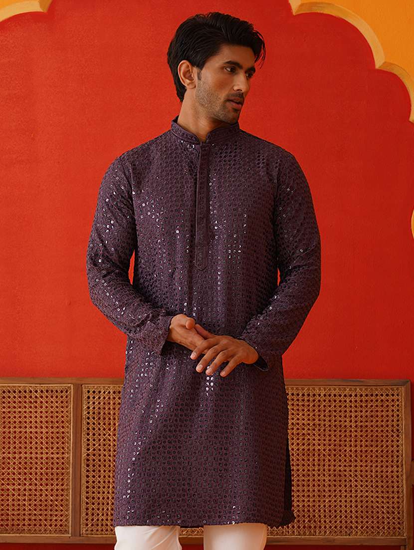 men mandarin neck sequined long kurta