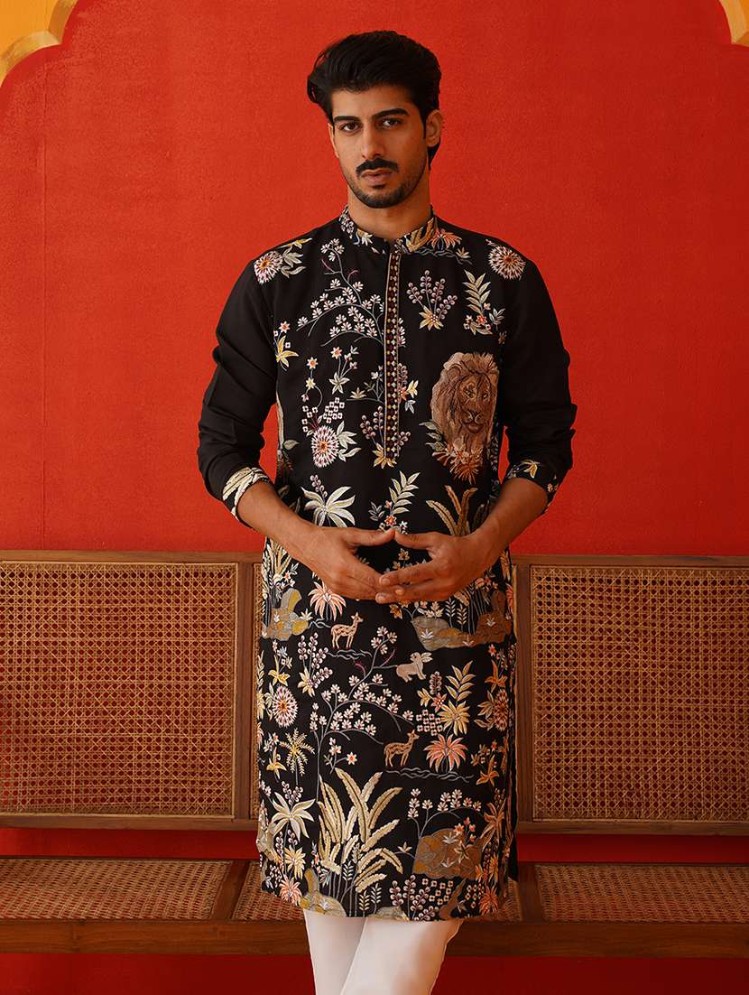 men mandarin neck embroidered long kurta