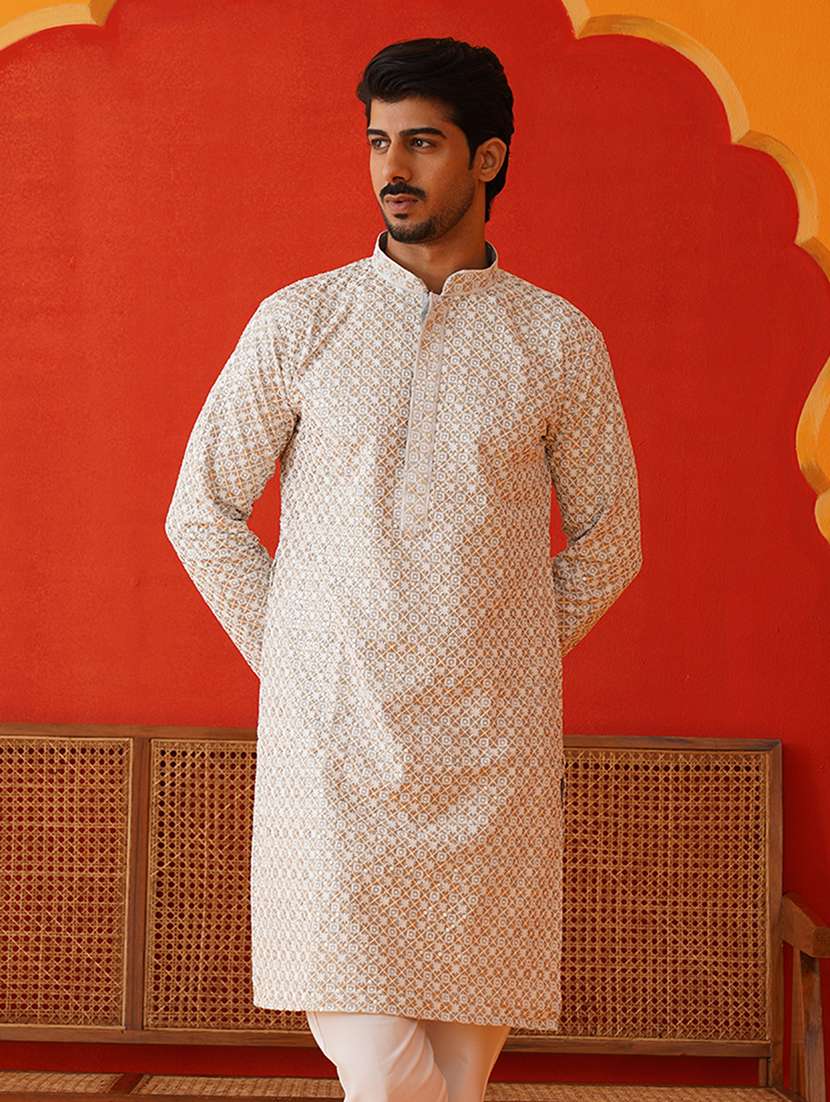 men mandarin neck embroidered long kurta