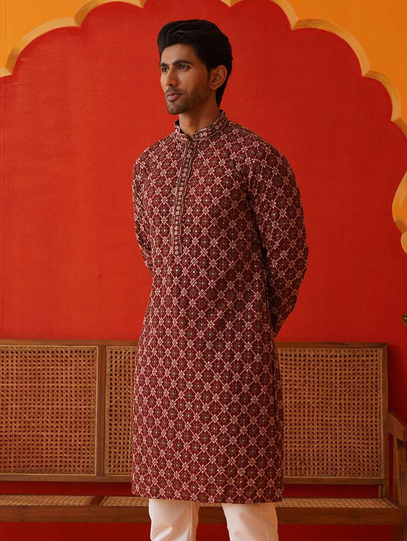 men mandarin neck embroidered long kurta - 21667126 - Standard Image - 2