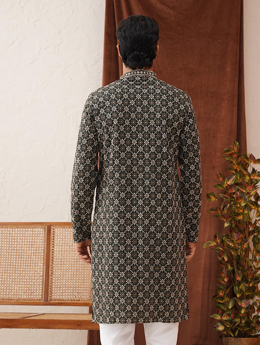 men mandarin neck embroidered long kurta - 21667129 - Standard Image - 2