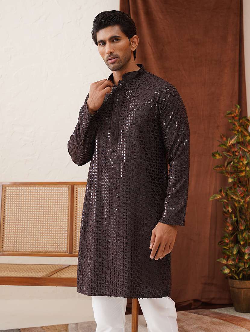 men mandarin neck sequined long kurta