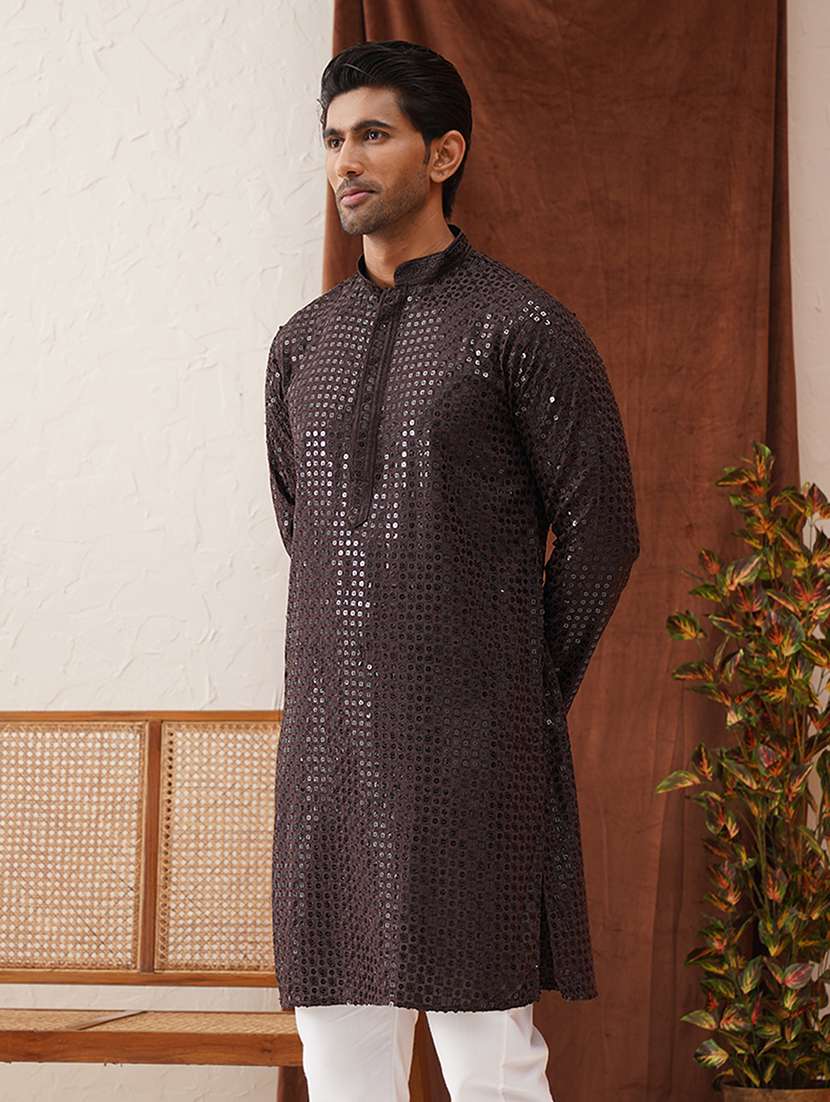 men mandarin neck sequined long kurta - 21667136 - Standard Image - 2