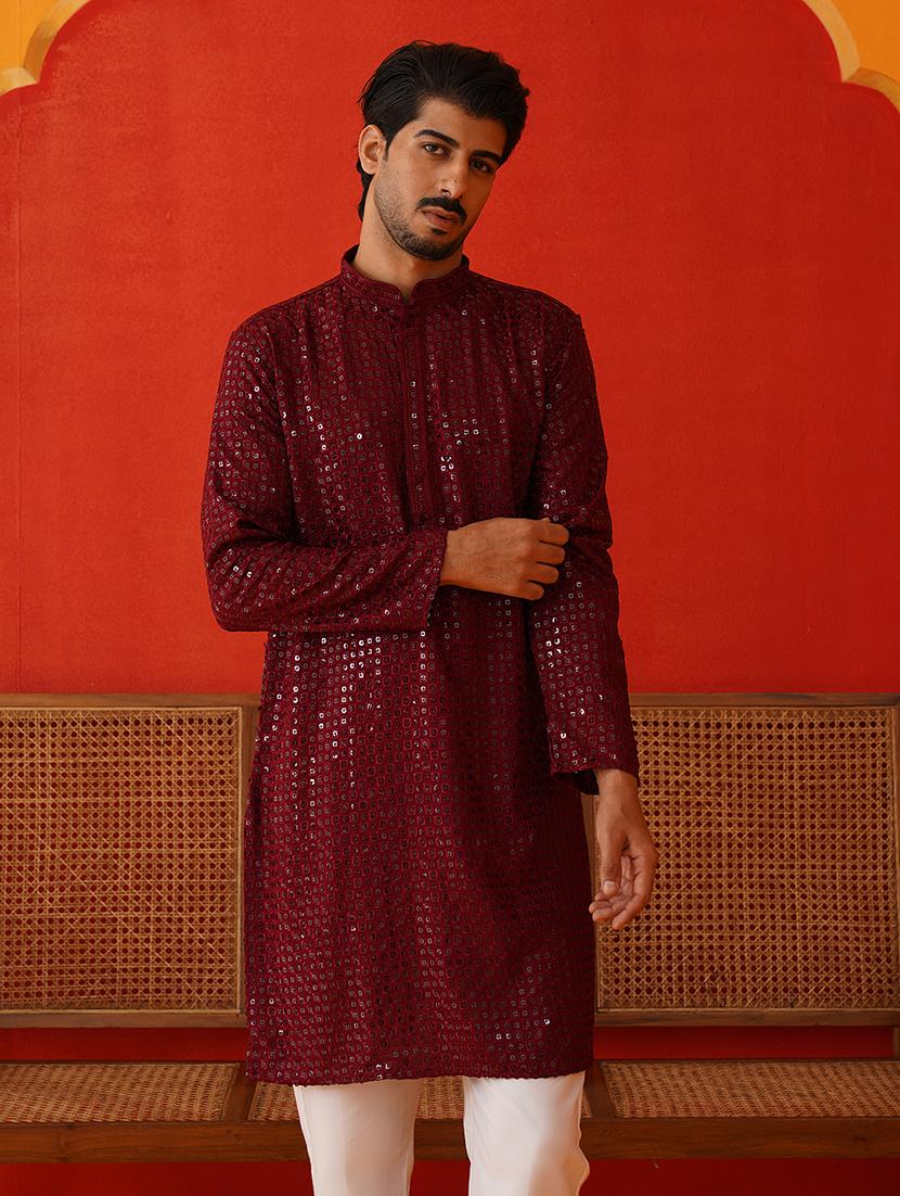 men mandarin neck sequined long kurta - 21667137 -  Zoom Image - 0