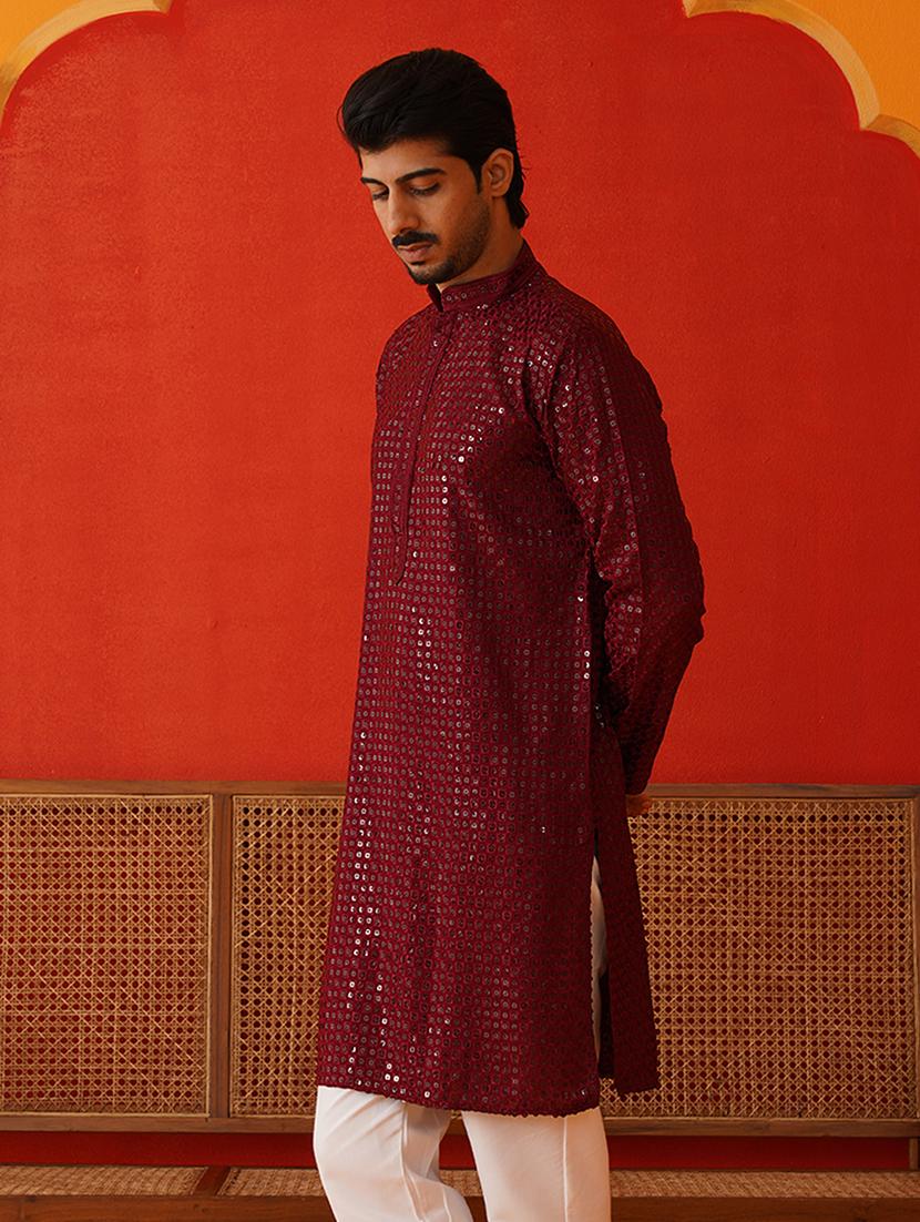 men mandarin neck sequined long kurta - 21667137 - Standard Image - 2