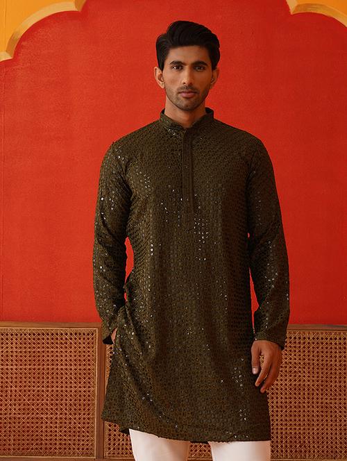 men mandarin neck sequined long kurta - 21667138 -  Standard Image - 0