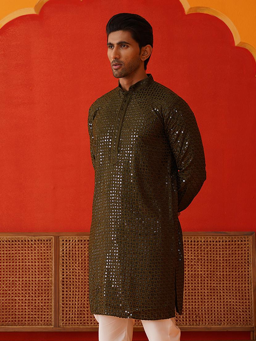 men mandarin neck sequined long kurta - 21667138 - Standard Image - 2