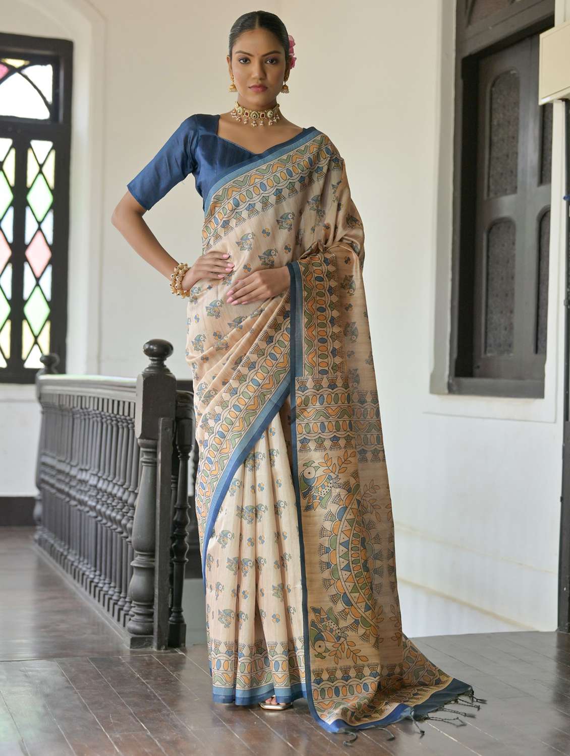 women mandhubani printed handloom saree with blouse