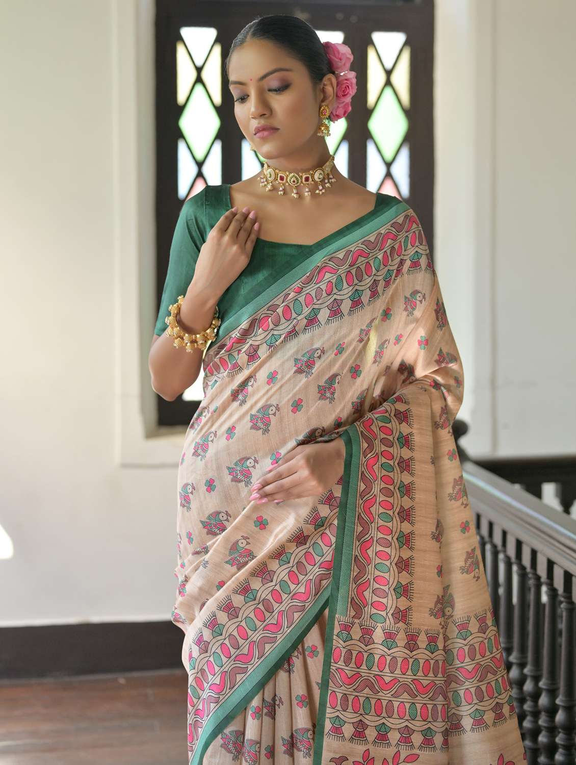 women mandhubani printed handloom saree with blouse - 21667358 -  Standard Image - 2