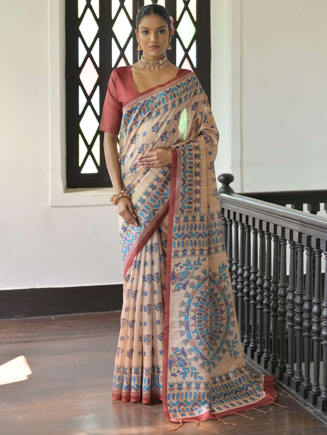 women mandhubani printed handloom saree with blouse