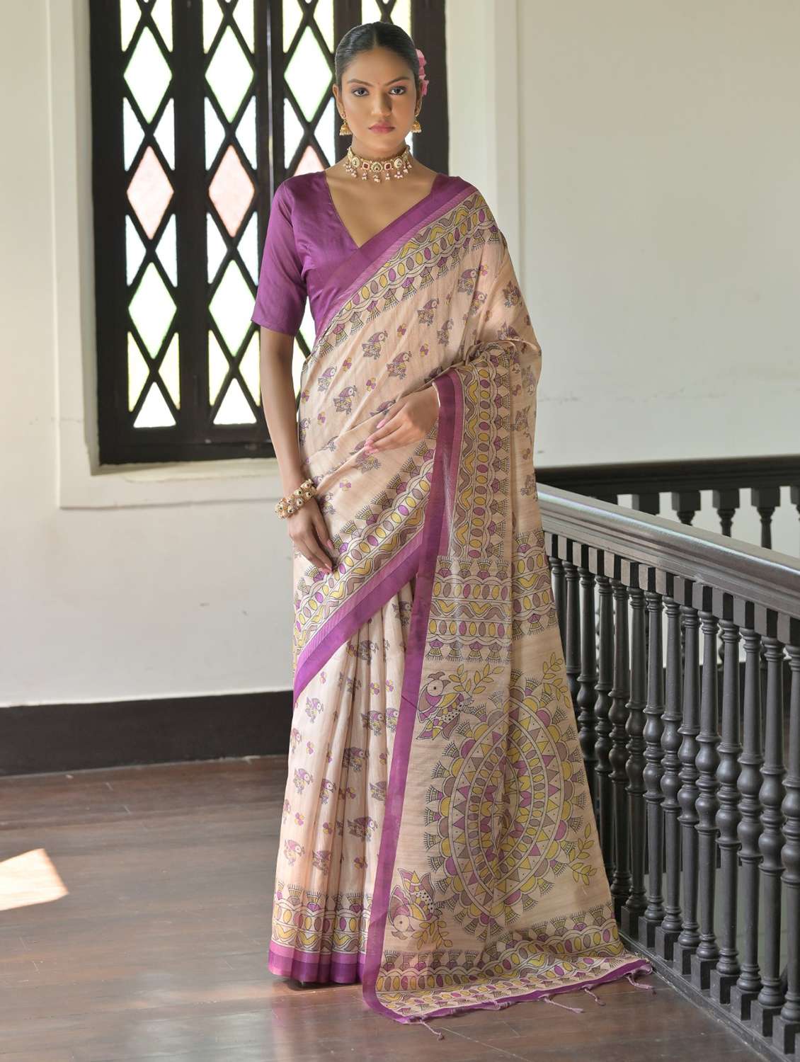 women mandhubani printed handloom saree with blouse