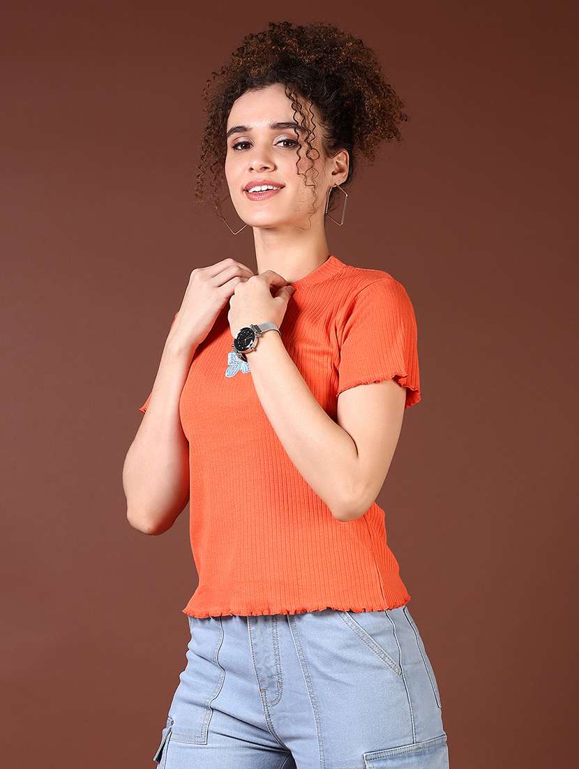 women orange solid with work round neck t-shirt