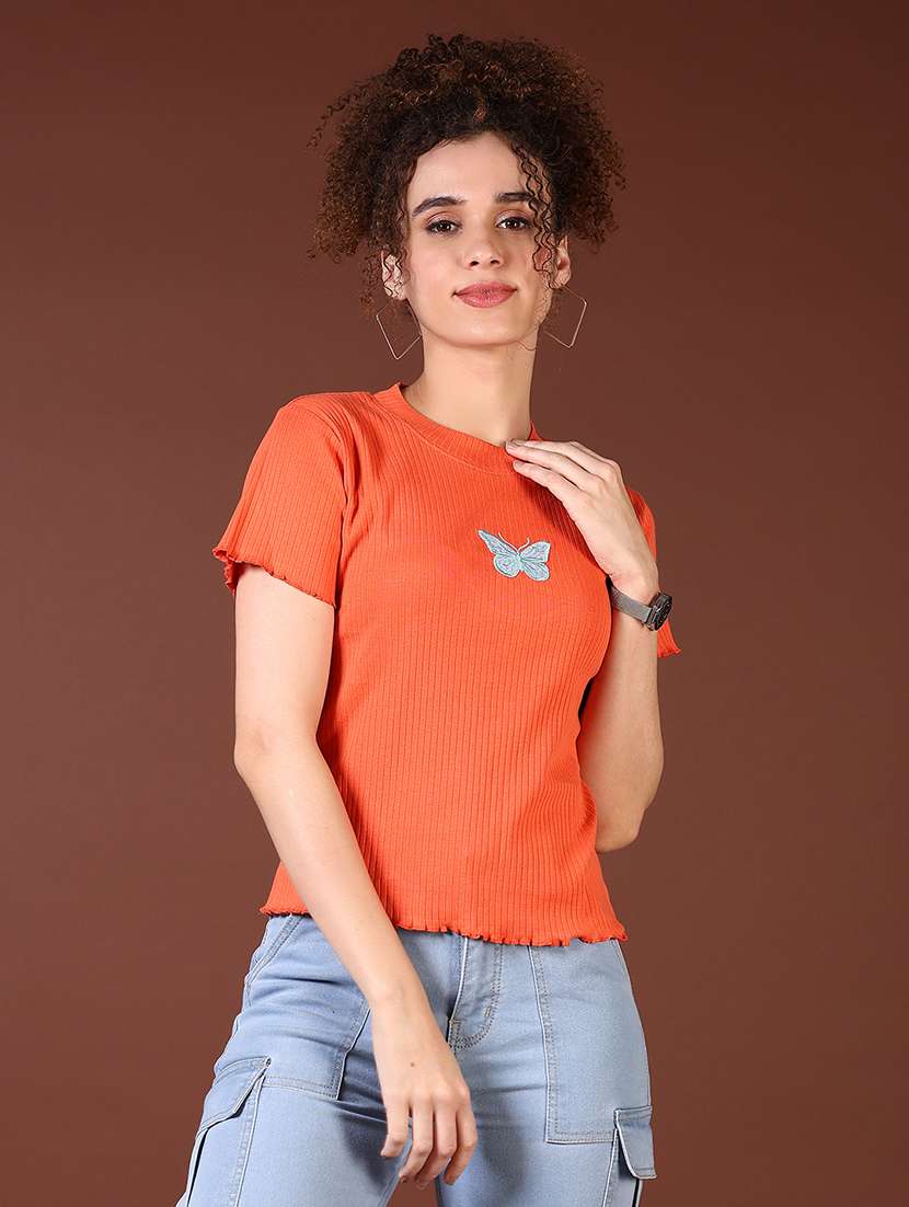 women orange solid with work round neck t-shirt - 21667658 -  Standard Image - 2