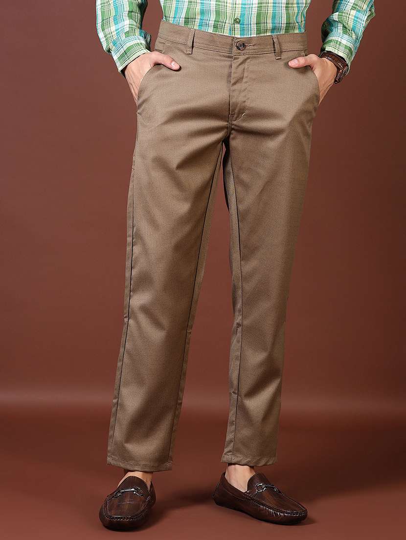 men solid mid rise flat front casual trouser