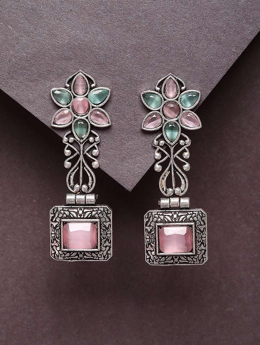 pink studded silver plated oxidized drop earrings