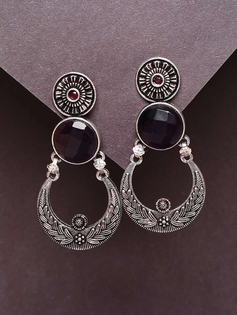 purple studded silver plated oxidized chandbali earrings