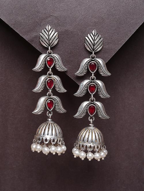 women red studded silver plated oxidized jhumka earrings - 21667937 - Standard Image - 0