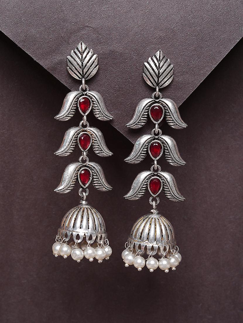 women red studded silver plated oxidized jhumka earrings - 21667937 - Zoom Image - 0