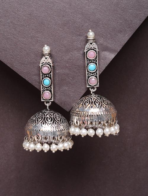 multi color studded silver plated oxidized jhumka earrings - 21667940 - Standard Image - 0