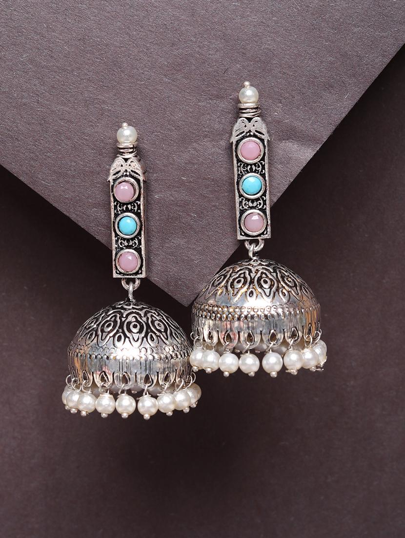 multi color studded silver plated oxidized jhumka earrings - 21667940 - Zoom Image - 0