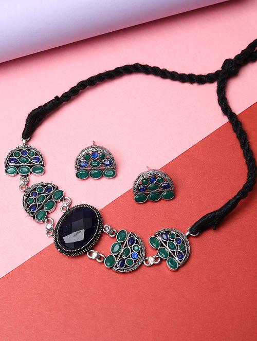 women stone silver oxidised necklace with earrings - 21667964 - Standard Image - 0
