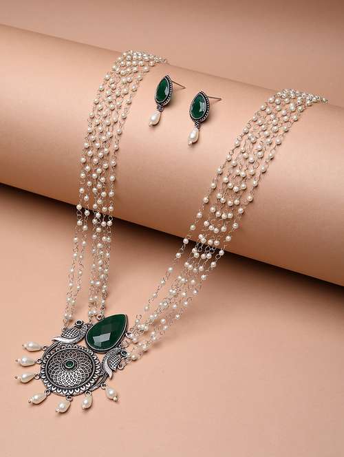 green stone studded silver layered chain necklace with earrings - 21667965 -  Standard Image - 0