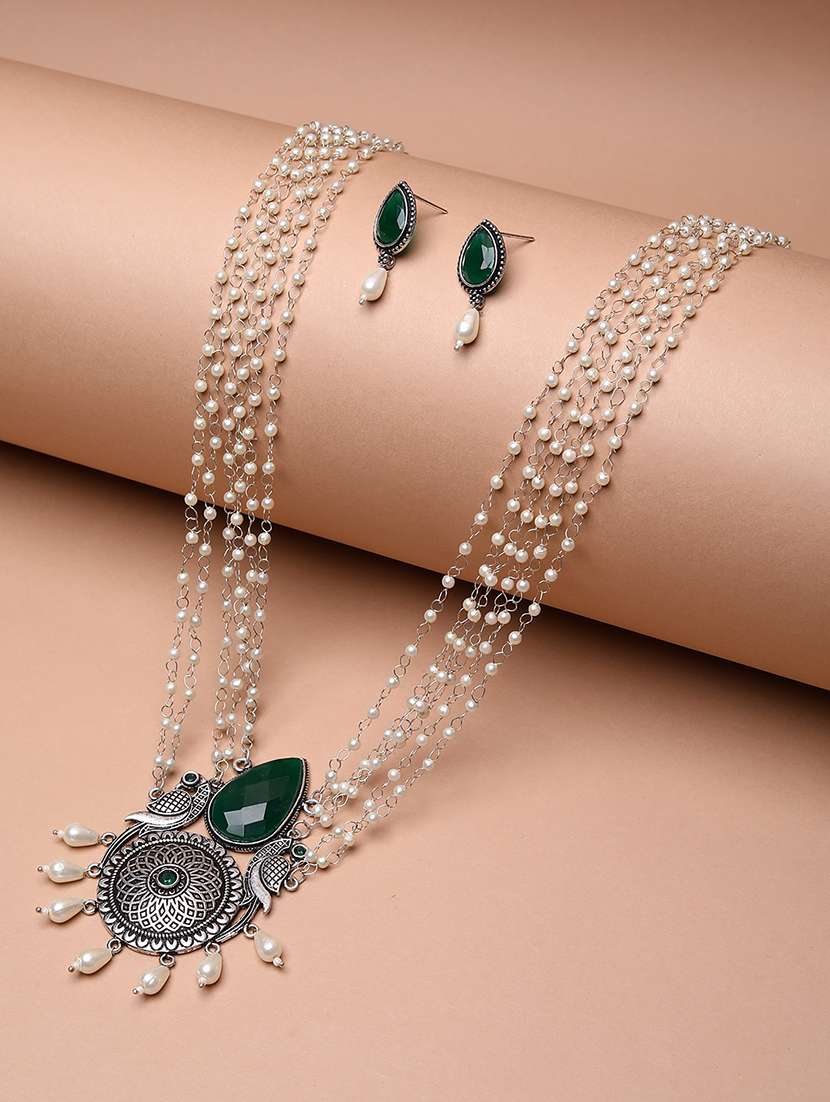 green stone studded silver layered chain necklace with earrings - 21667965 -  Zoom Image - 0
