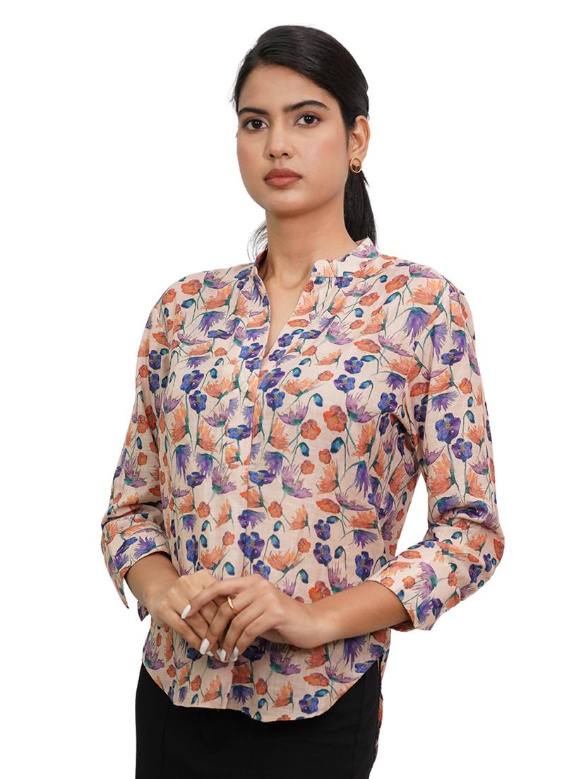 women beige floral long sleeve shirt - 21667981 - Standard Image - 2
