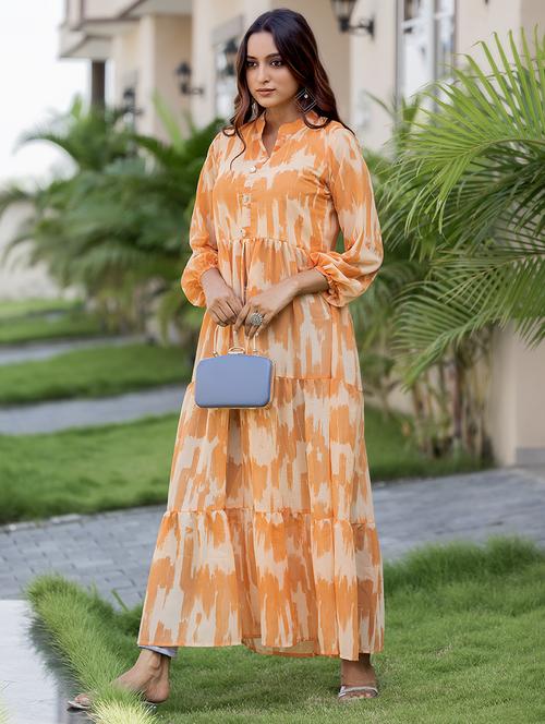 women orange printed mandarin front slit kurta - 21668003 -  Standard Image - 0