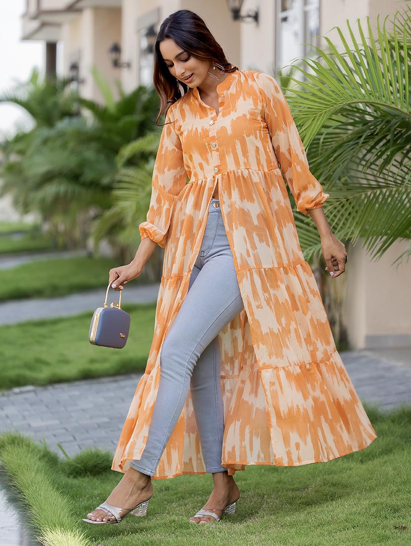 women orange printed mandarin front slit kurta - 21668003 - Standard Image - 2