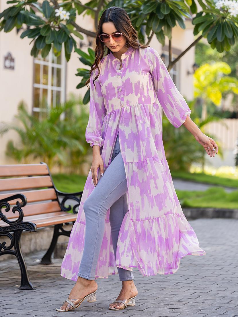 women lavender printed mandarin neck front slit kurta - 21668004 - Standard Image - 2